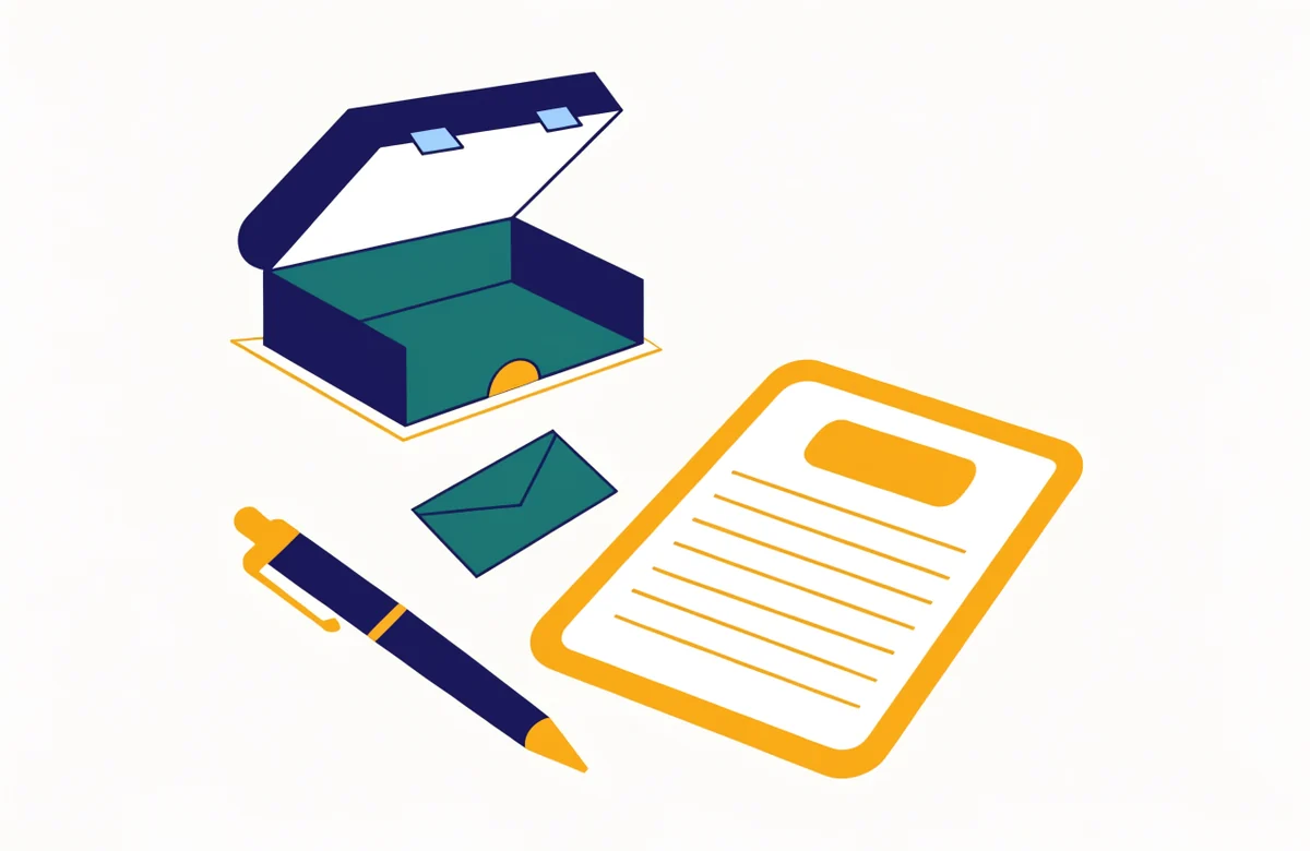 An empty open shoebox next to a blank claim form and a pen.