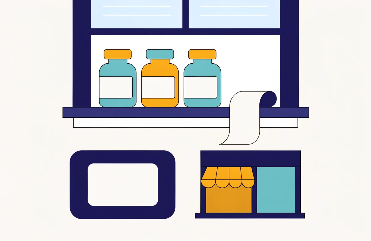 Three pill bottles on a pharmacy window ledge with a long paper receipt, an empty card and a small storefront.