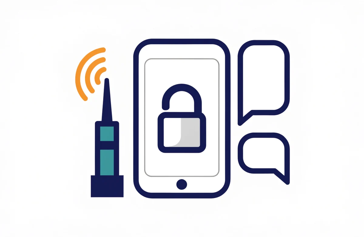 A smartphone with an open padlock on its screen, a cell tower with three signal arcs beside it and two empty message bubbles.